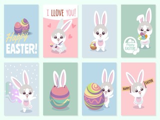 Easter rabbit cards. Baby rabbits cute and color eggs party invitation vector set