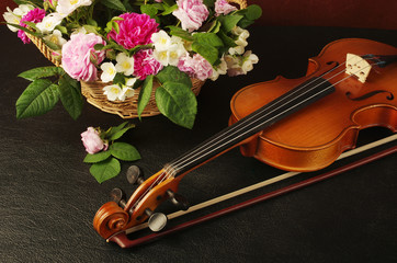 Fototapeta premium music, violin, flower, fiddle, bouquet, classic, flowers, spring, instrument, musical, string, background, valentine, wooden, harmony, red, art, beautiful, symbol, retro, love, romantic, romance, comp