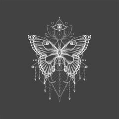 Fototapeta premium Vector illustration with hand drawn butterfly and Sacred geometric symbol on black background. Abstract mystic sign.