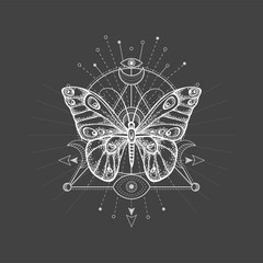 Vector illustration with hand drawn butterfly and Sacred geometric symbol on black background. Abstract mystic sign.