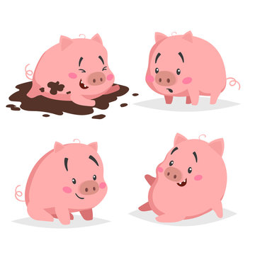 Cute piglets set. Little pig in puddle, surprised, sitting and relaxing. Cartoon flat design farm animals collection. Vector illustration for education or other needs isolated on white background.