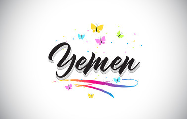 Yemen Handwritten Vector Word Text with Butterflies and Colorful Swoosh.