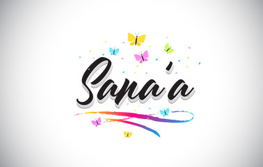 Sana’a Handwritten Vector Word Text with Butterflies and Colorful Swoosh.
