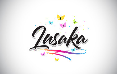 Lusaka Handwritten Vector Word Text with Butterflies and Colorful Swoosh.