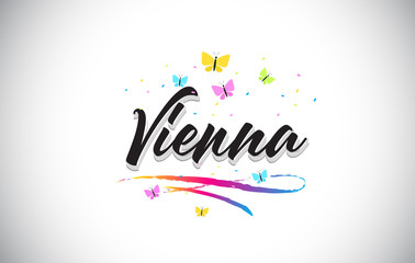 Fototapeta na wymiar Vienna Handwritten Vector Word Text with Butterflies and Colorful Swoosh.