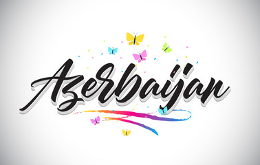 Azerbaijan Handwritten Vector Word Text with Butterflies and Colorful Swoosh.