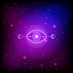 Vector illustration of mystic symbol Eye on abstract background. Geometric sign drawn in lines. Blue and pink color. For you design and magic craft.