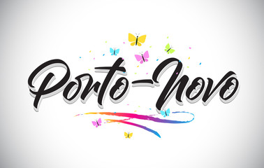Porto-Novo Handwritten Vector Word Text with Butterflies and Colorful Swoosh.