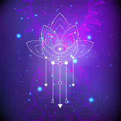 Vector illustration of mystic symbol Lotus on abstract background. Geometric sign drawn in lines. Purple and pink color.