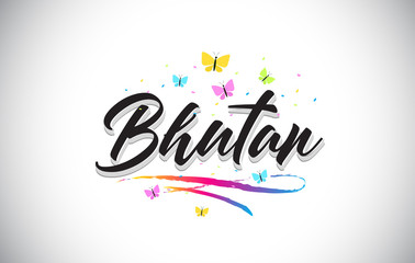 Bhutan Handwritten Vector Word Text with Butterflies and Colorful Swoosh.