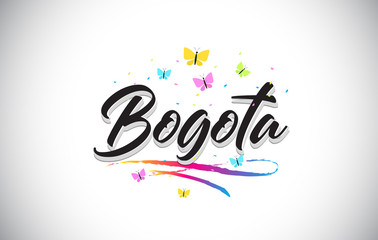 Obraz premium Bogota Handwritten Vector Word Text with Butterflies and Colorful Swoosh.