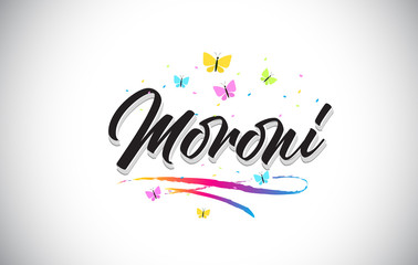 Moroni Handwritten Vector Word Text with Butterflies and Colorful Swoosh.