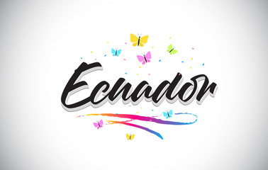 Ecuador Handwritten Vector Word Text with Butterflies and Colorful Swoosh.