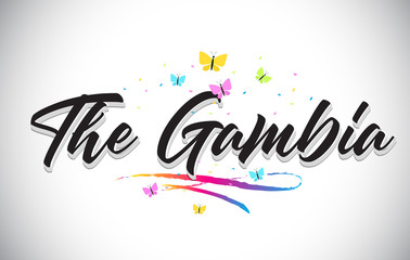 The Gambia Handwritten Vector Word Text with Butterflies and Colorful Swoosh.