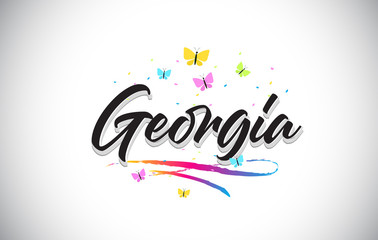 Naklejka premium Georgia Handwritten Vector Word Text with Butterflies and Colorful Swoosh.