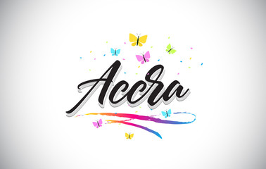 Fototapeta na wymiar Accra Handwritten Vector Word Text with Butterflies and Colorful Swoosh.