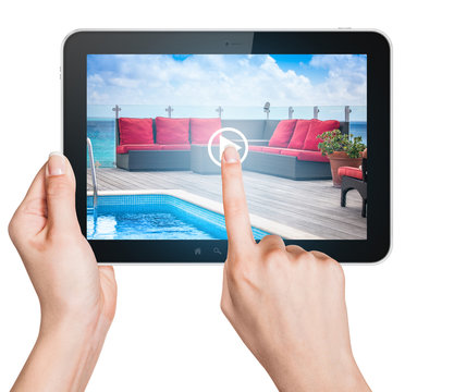 Tablet with terrace outdoor view in screen