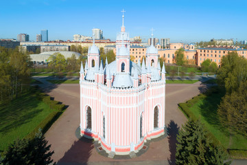 Chesme Church close-up on a sunny May day (shot from a quadrocopter). Saint-Petersburg, Russia