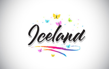 Iceland Handwritten Vector Word Text with Butterflies and Colorful Swoosh.
