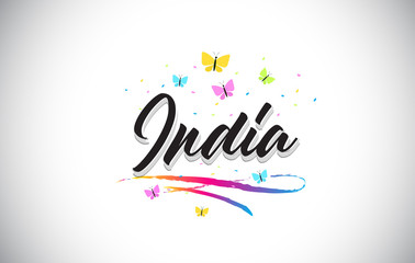 India Handwritten Vector Word Text with Butterflies and Colorful Swoosh.