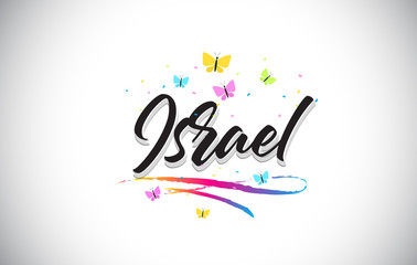 Israel Handwritten Vector Word Text with Butterflies and Colorful Swoosh.