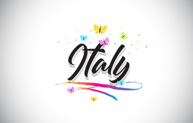 Fototapeta na wymiar Italy Handwritten Vector Word Text with Butterflies and Colorful Swoosh.
