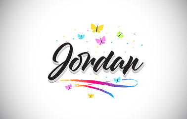 Jordan Handwritten Vector Word Text with Butterflies and Colorful Swoosh.