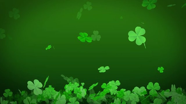 St. Patrick's day background, 4K Animation Shamrocks flying on the ground.