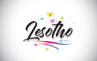Lesotho Handwritten Vector Word Text with Butterflies and Colorful Swoosh.