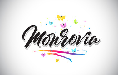 Monrovia Handwritten Vector Word Text with Butterflies and Colorful Swoosh.