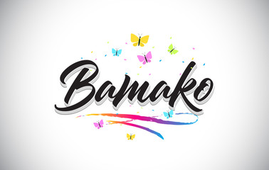 Bamako Handwritten Vector Word Text with Butterflies and Colorful Swoosh.