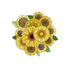 round bouquet. Vector floral round element from hand-drawn yellow sunflowers, gerbera and leaves on white background For cards, invitations, celebrations. Circle summer bouquet