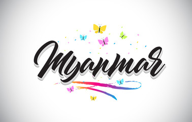 Myanmar Handwritten Vector Word Text with Butterflies and Colorful Swoosh.