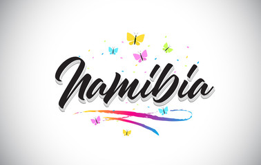 Namibia Handwritten Vector Word Text with Butterflies and Colorful Swoosh.