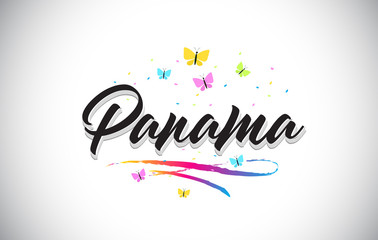 Panama Handwritten Vector Word Text with Butterflies and Colorful Swoosh.