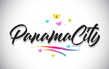 PanamaCity Handwritten Vector Word Text with Butterflies and Colorful Swoosh.