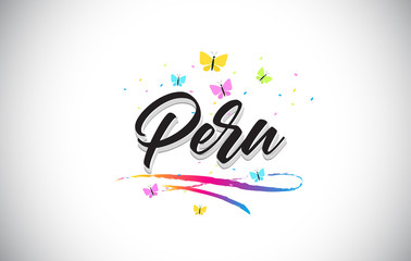 Fototapeta na wymiar Peru Handwritten Vector Word Text with Butterflies and Colorful Swoosh.