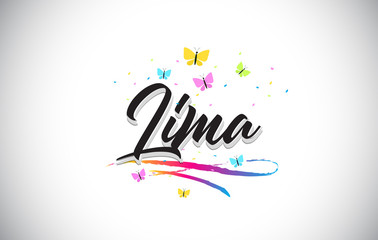 Lima Handwritten Vector Word Text with Butterflies and Colorful Swoosh.