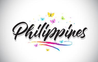 Philippines Handwritten Vector Word Text with Butterflies and Colorful Swoosh.