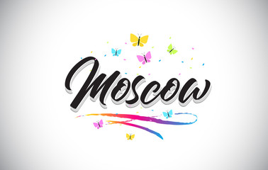 Moscow Handwritten Vector Word Text with Butterflies and Colorful Swoosh.