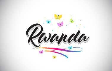 Rwanda Handwritten Vector Word Text with Butterflies and Colorful Swoosh.
