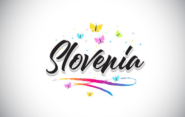 Fototapeta na wymiar Slovenia Handwritten Vector Word Text with Butterflies and Colorful Swoosh.