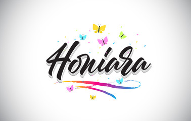 Honiara Handwritten Vector Word Text with Butterflies and Colorful Swoosh.