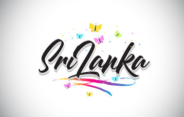 SriLanka Handwritten Vector Word Text with Butterflies and Colorful Swoosh.