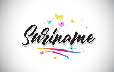 Suriname Handwritten Vector Word Text with Butterflies and Colorful Swoosh.