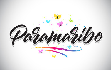 Paramaribo Handwritten Vector Word Text with Butterflies and Colorful Swoosh.