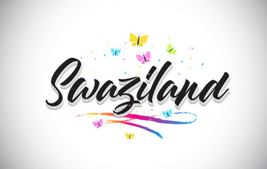 Swaziland Handwritten Vector Word Text with Butterflies and Colorful Swoosh.