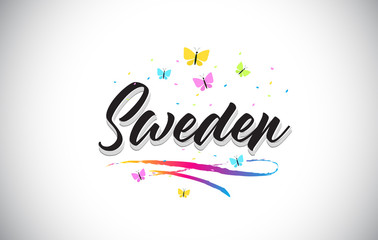 Sweden Handwritten Vector Word Text with Butterflies and Colorful Swoosh.