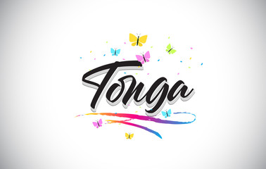 Tonga Handwritten Vector Word Text with Butterflies and Colorful Swoosh.