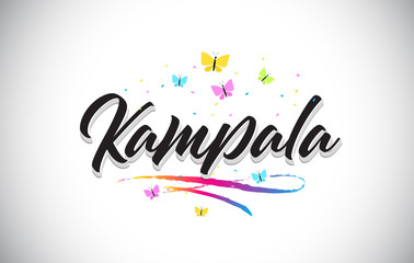 Kampala Handwritten Vector Word Text with Butterflies and Colorful Swoosh.